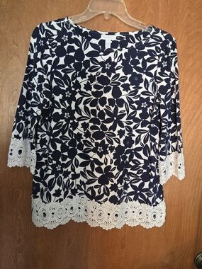 Charter Club Navy and White Floral Lace-Trim Blouse